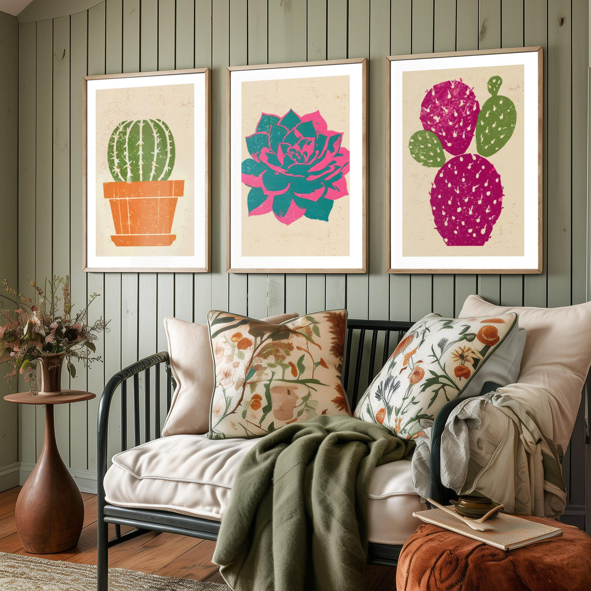Bright Potted Cactus and Succulents Set of Three Art Prints - Barrel Cactus, Echeveria, Prickly Pear - Linocut Style Woodcut Poster V1