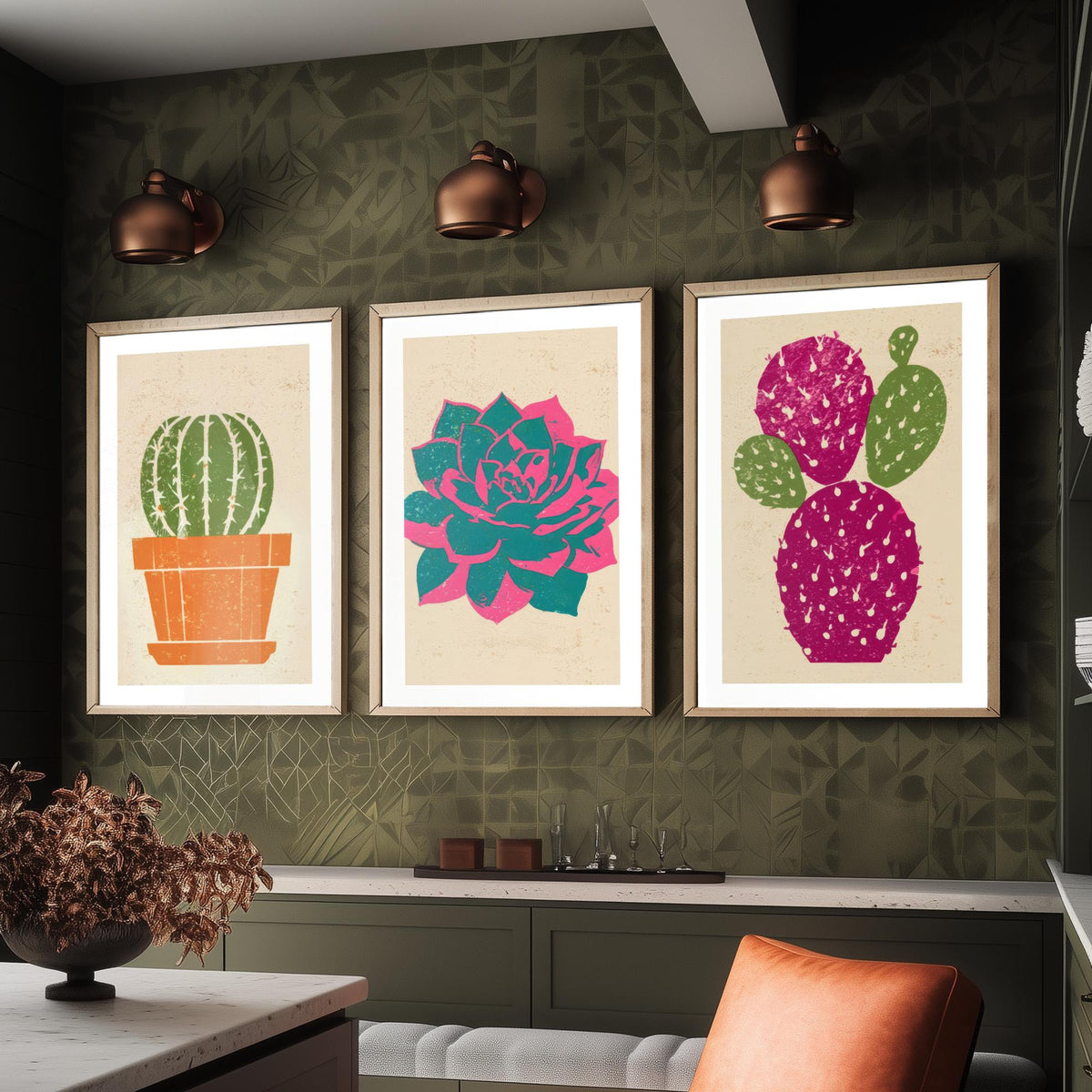 Bright Potted Cactus and Succulents Set of Three Art Prints - Barrel Cactus, Echeveria, Prickly Pear - Linocut Style Woodcut Poster V1