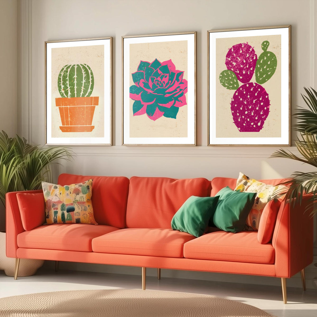 Bright Potted Cactus and Succulents Set of Three Art Prints - Barrel Cactus, Echeveria, Prickly Pear - Linocut Style Woodcut Poster V1