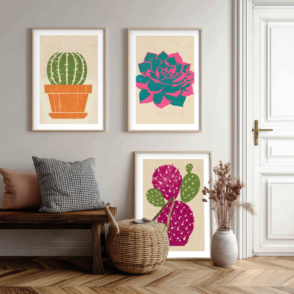 Bright Potted Cactus and Succulents Set of Three Art Prints - Barrel Cactus, Echeveria, Prickly Pear - Linocut Style Woodcut Poster V1