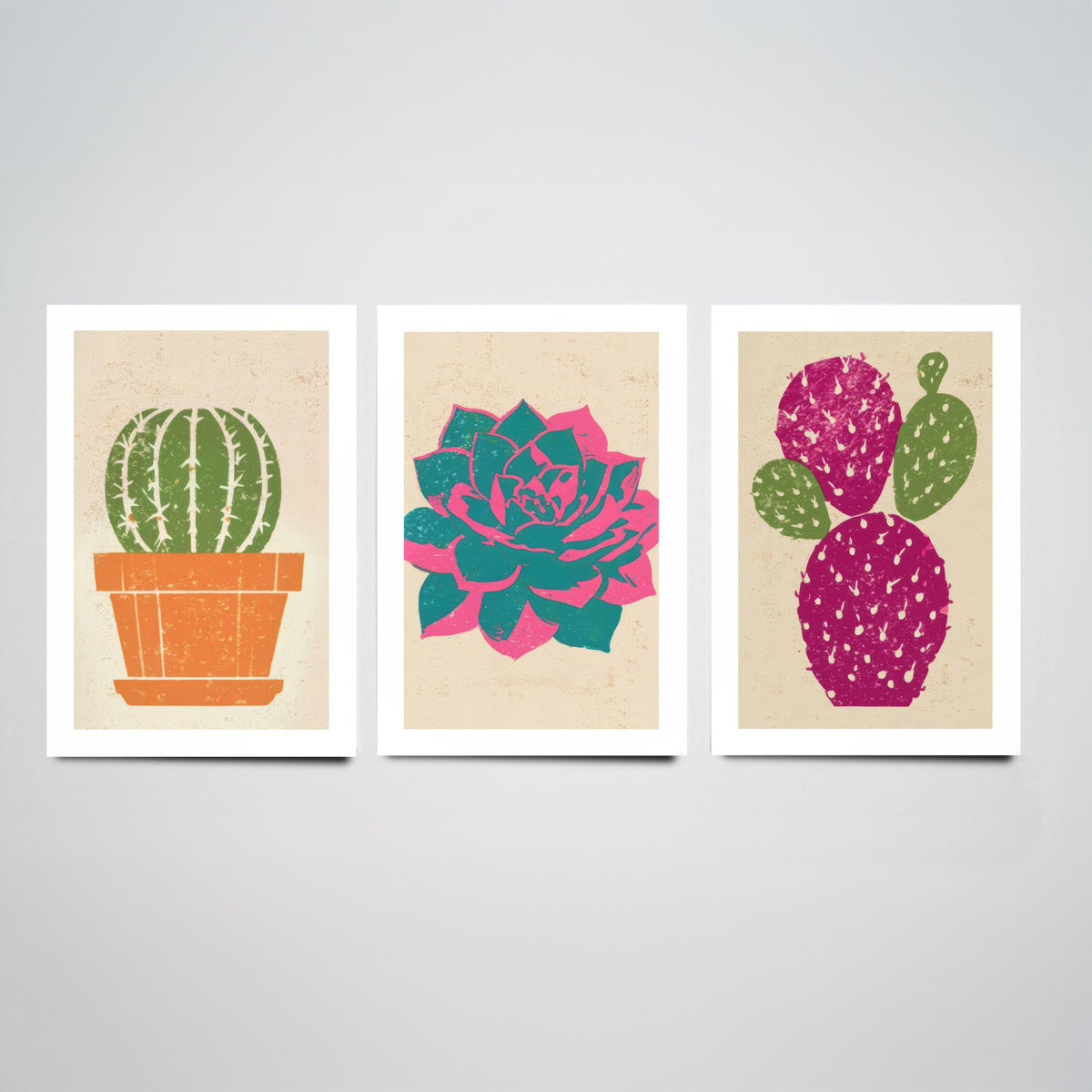 Bright Potted Cactus and Succulents Set of Three Art Prints - Barrel Cactus, Echeveria, Prickly Pear - Linocut Style Woodcut Poster V1
