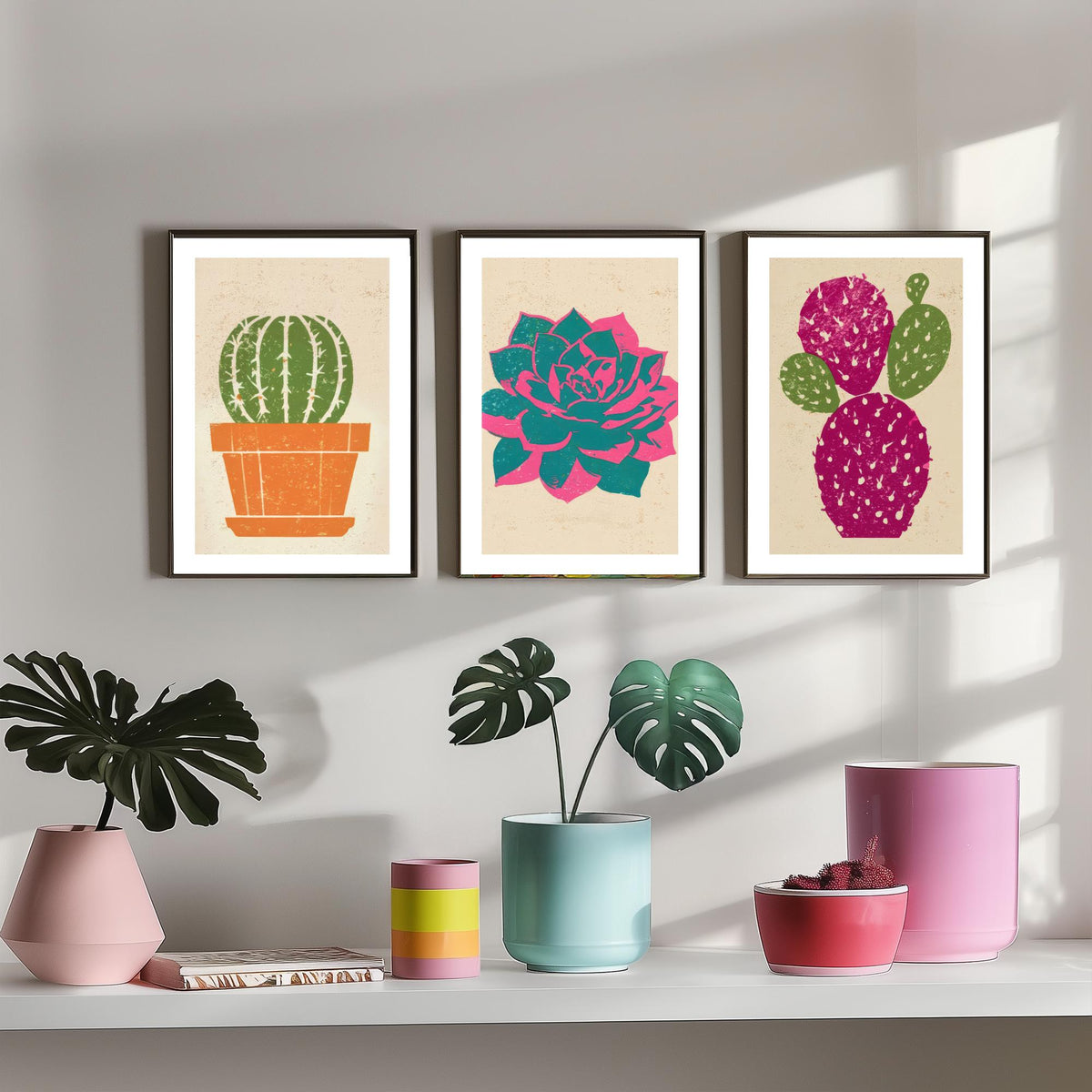 Bright Potted Cactus and Succulents Set of Three Art Prints - Barrel Cactus, Echeveria, Prickly Pear - Linocut Style Woodcut Poster V1