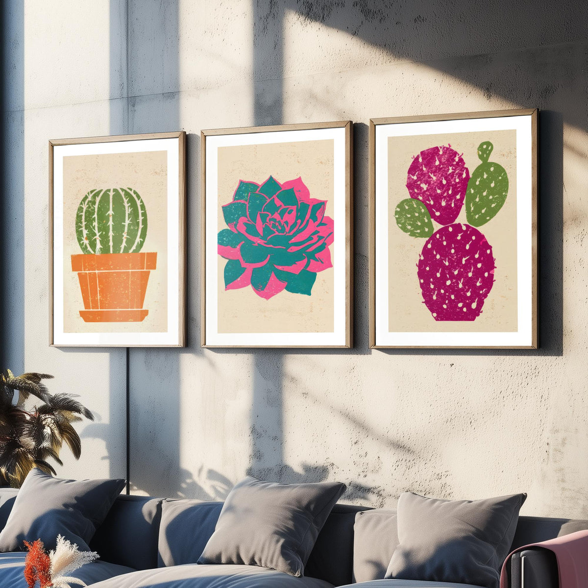 Bright Potted Cactus and Succulents Set of Three Art Prints - Barrel Cactus, Echeveria, Prickly Pear - Linocut Style Woodcut Poster V1