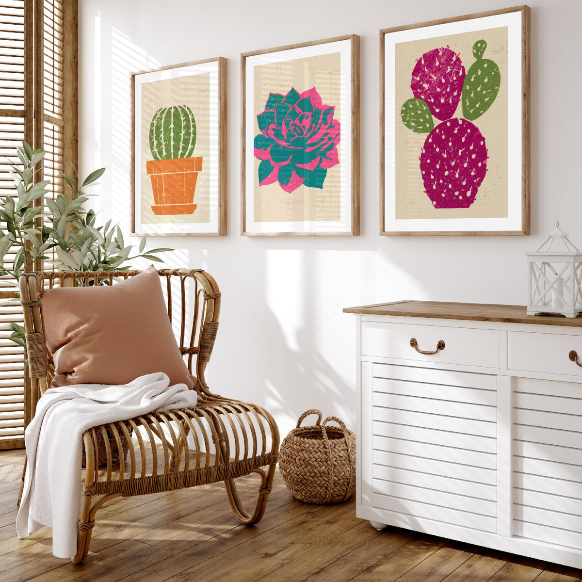 Bright Potted Cactus and Succulents Set of Three Art Prints - Barrel Cactus, Echeveria, Prickly Pear - Linocut Style Woodcut Poster V1
