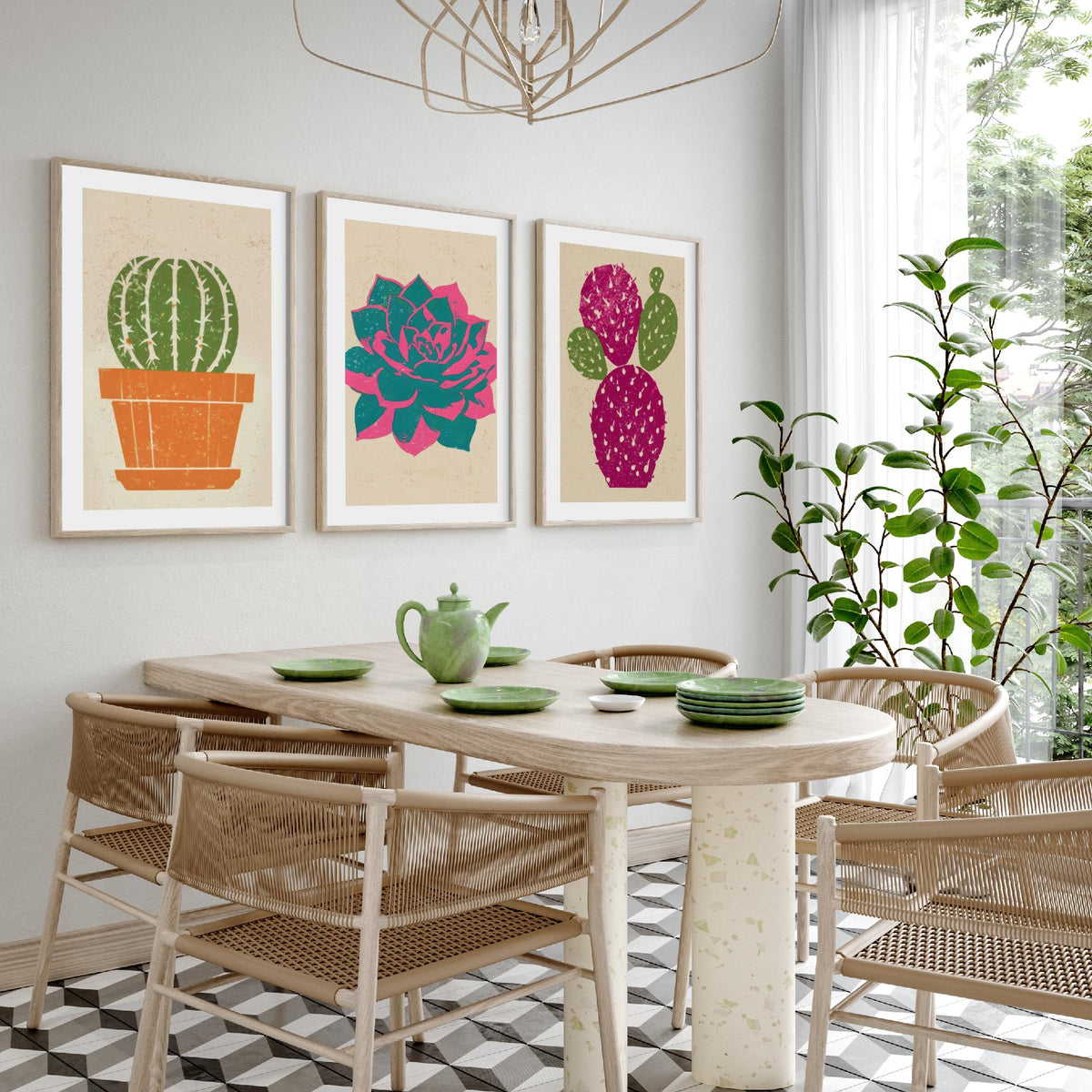 Bright Potted Cactus and Succulents Set of Three Art Prints - Barrel Cactus, Echeveria, Prickly Pear - Linocut Style Woodcut Poster V1