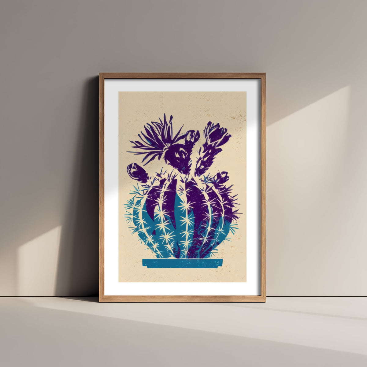 Flowering Cactus Art Print - Cobalt and Violet Poster - Lino Style Botanical Woodcut V2 3/3