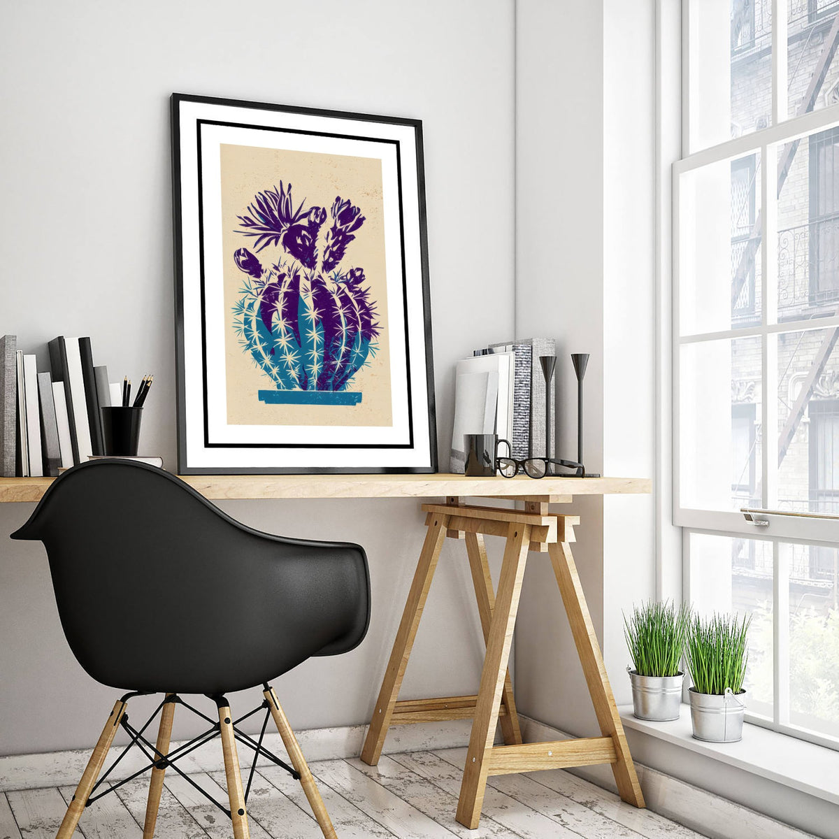 Flowering Cactus Art Print - Cobalt and Violet Poster - Lino Style Botanical Woodcut V2 3/3