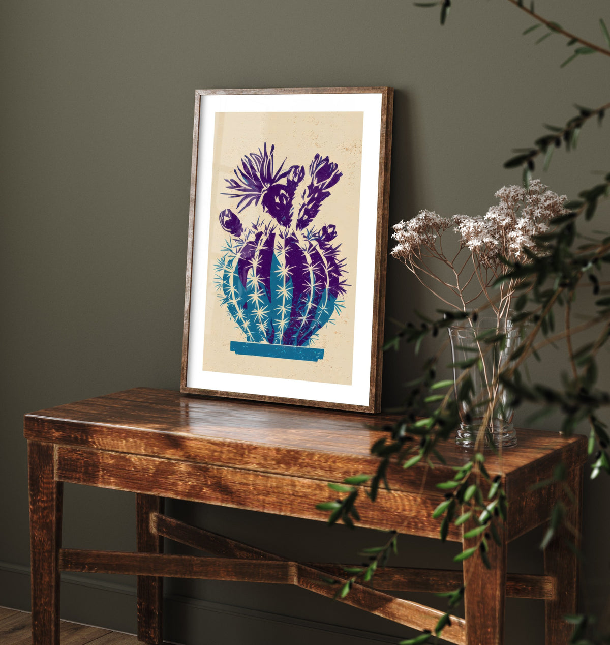 Flowering Cactus Art Print - Cobalt and Violet Poster - Lino Style Botanical Woodcut V2 3/3
