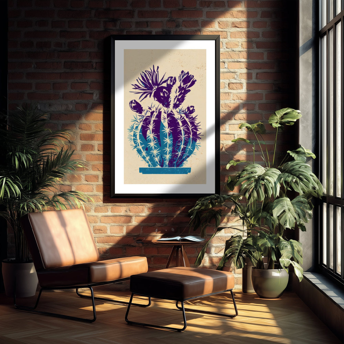 Flowering Cactus Art Print - Cobalt and Violet Poster - Lino Style Botanical Woodcut V2 3/3