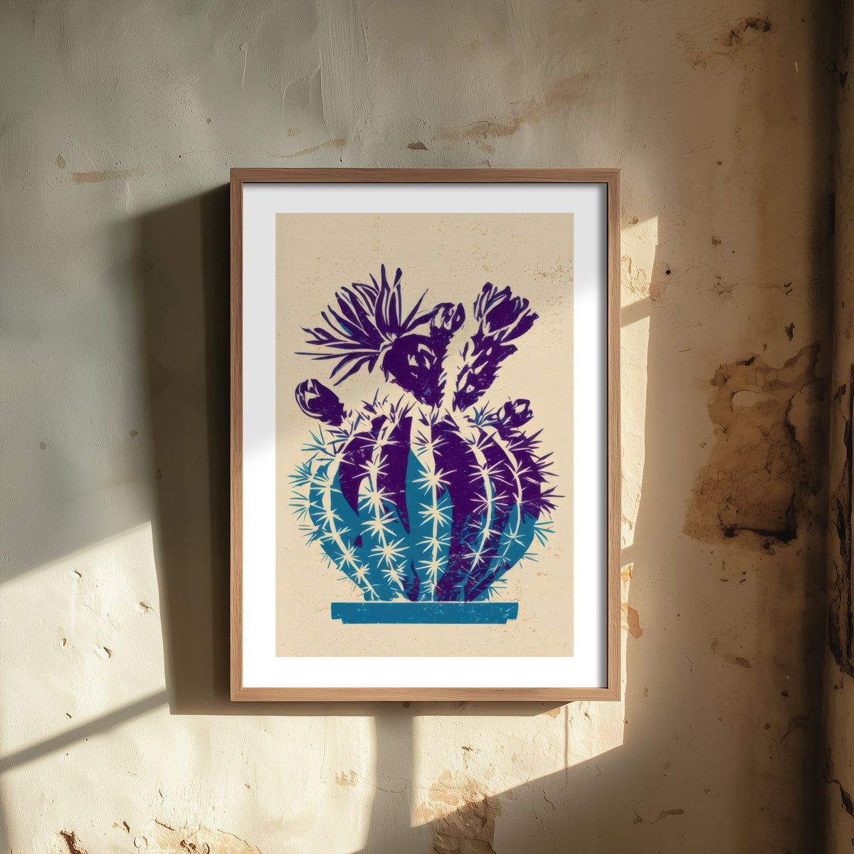 Flowering Cactus Art Print - Cobalt and Violet Poster - Lino Style Botanical Woodcut V2 3/3