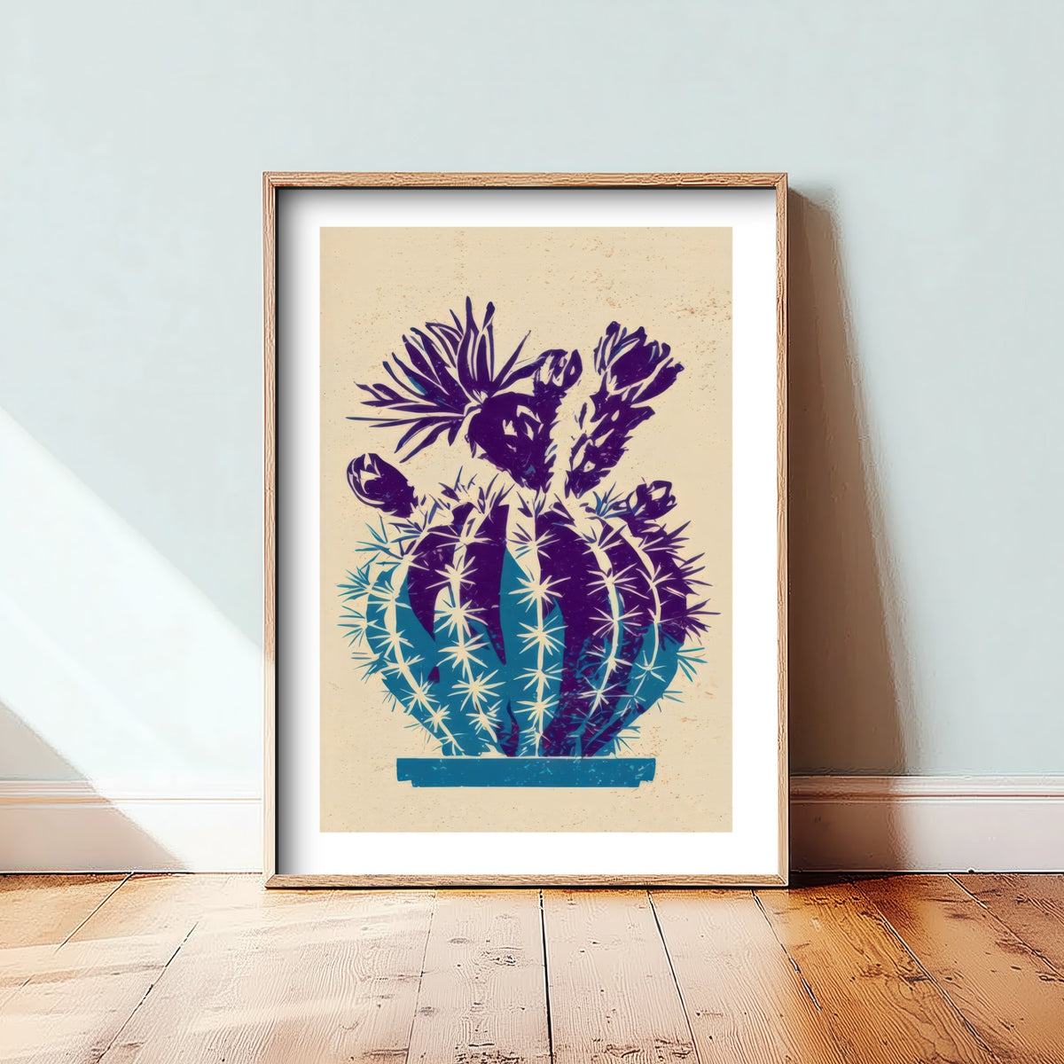 Flowering Cactus Art Print - Cobalt and Violet Poster - Lino Style Botanical Woodcut V2 3/3