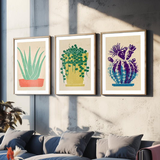 Aloe Vera, String of Pearls and Flowering Cactus Poster - Bright Potted Succulents Set of Three Art Prints - Linocut Look Woodcut V2