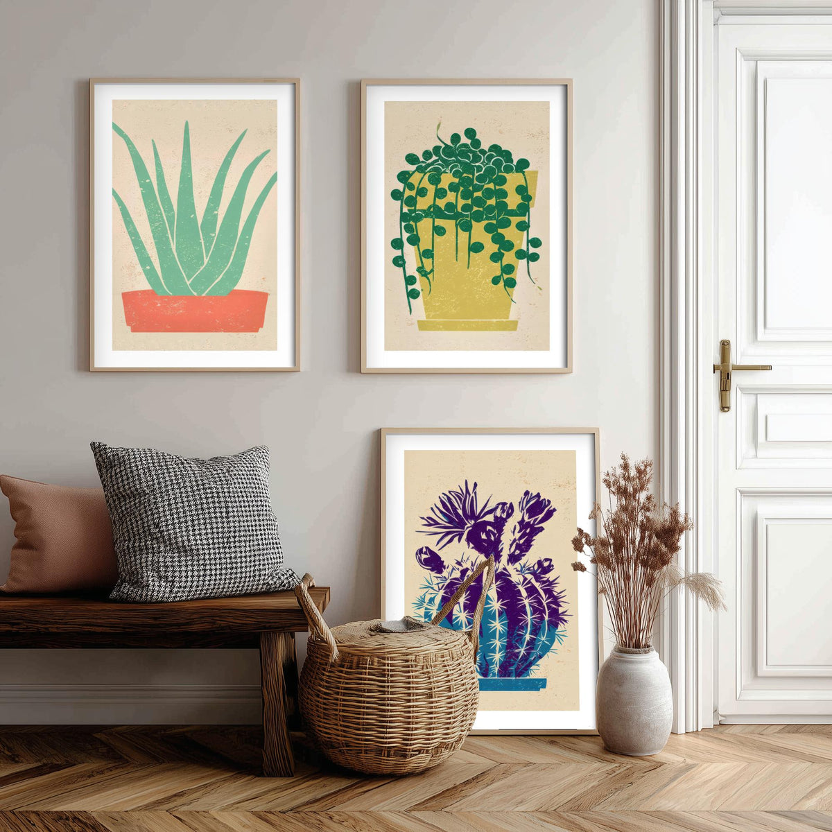 Aloe Vera, String of Pearls and Flowering Cactus Poster - Bright Potted Succulents Set of Three Art Prints - Linocut Look Woodcut V2