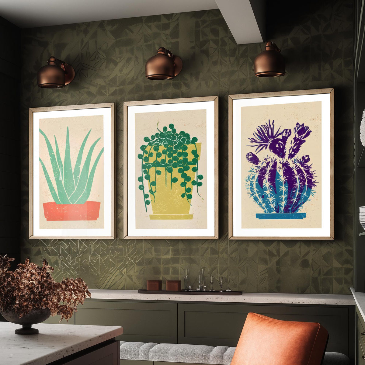 Aloe Vera, String of Pearls and Flowering Cactus Poster - Bright Potted Succulents Set of Three Art Prints - Linocut Look Woodcut V2