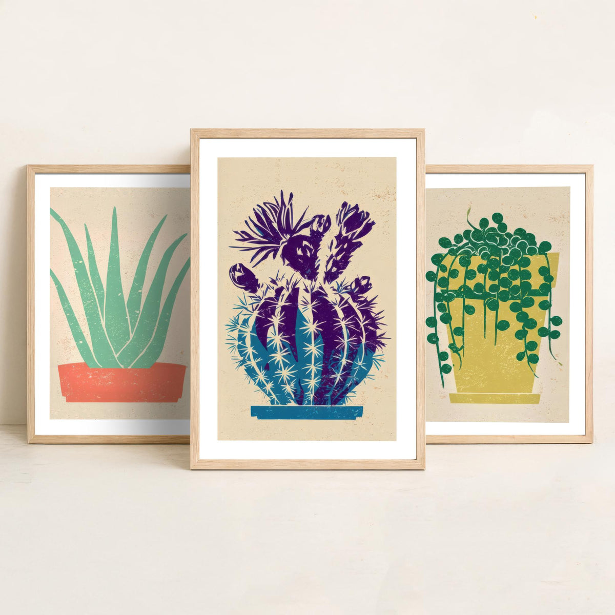 Aloe Vera, String of Pearls and Flowering Cactus Poster - Bright Potted Succulents Set of Three Art Prints - Linocut Look Woodcut V2