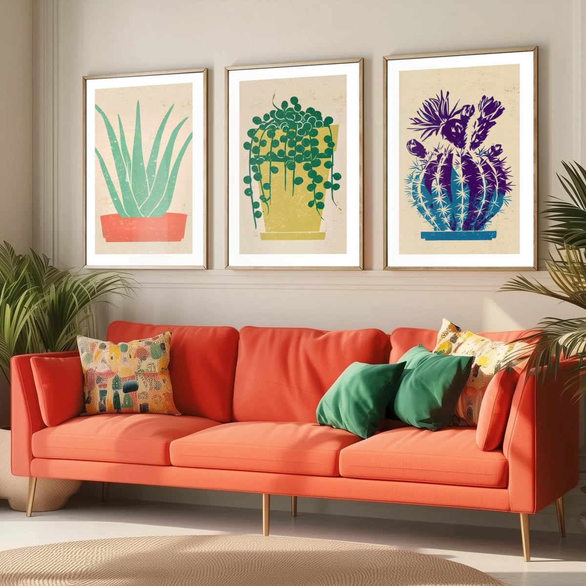 Aloe Vera, String of Pearls and Flowering Cactus Poster - Bright Potted Succulents Set of Three Art Prints - Linocut Look Woodcut V2