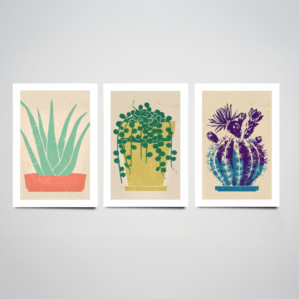 Aloe Vera, String of Pearls and Flowering Cactus Poster - Bright Potted Succulents Set of Three Art Prints - Linocut Look Woodcut V2