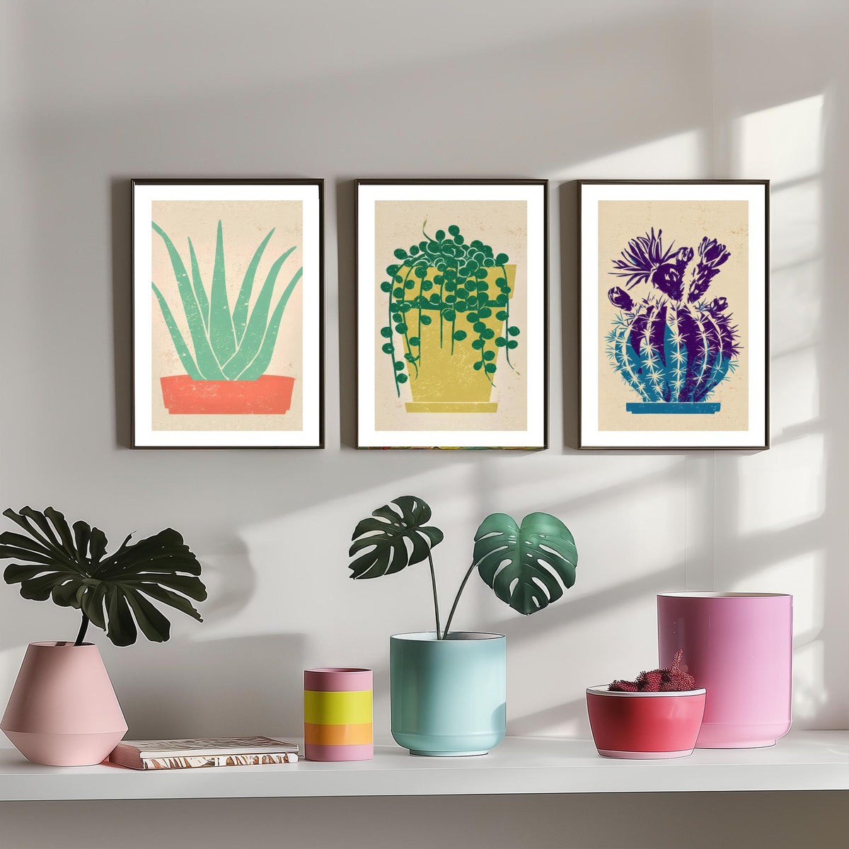 Aloe Vera, String of Pearls and Flowering Cactus Poster - Bright Potted Succulents Set of Three Art Prints - Linocut Look Woodcut V2