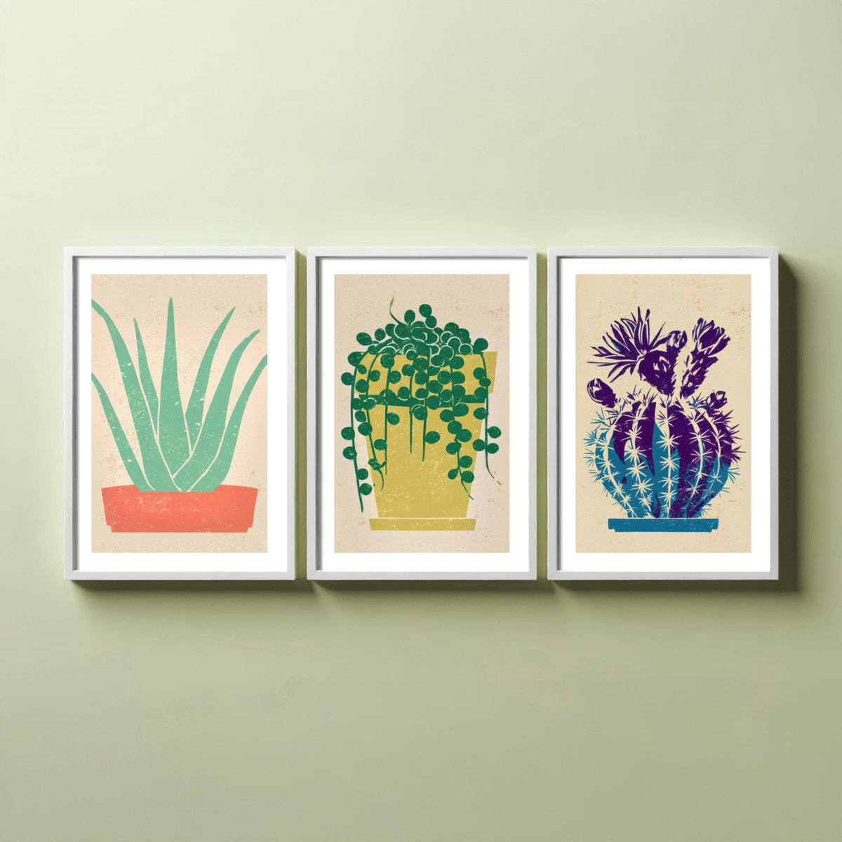 Aloe Vera, String of Pearls and Flowering Cactus Poster - Bright Potted Succulents Set of Three Art Prints - Linocut Look Woodcut V2