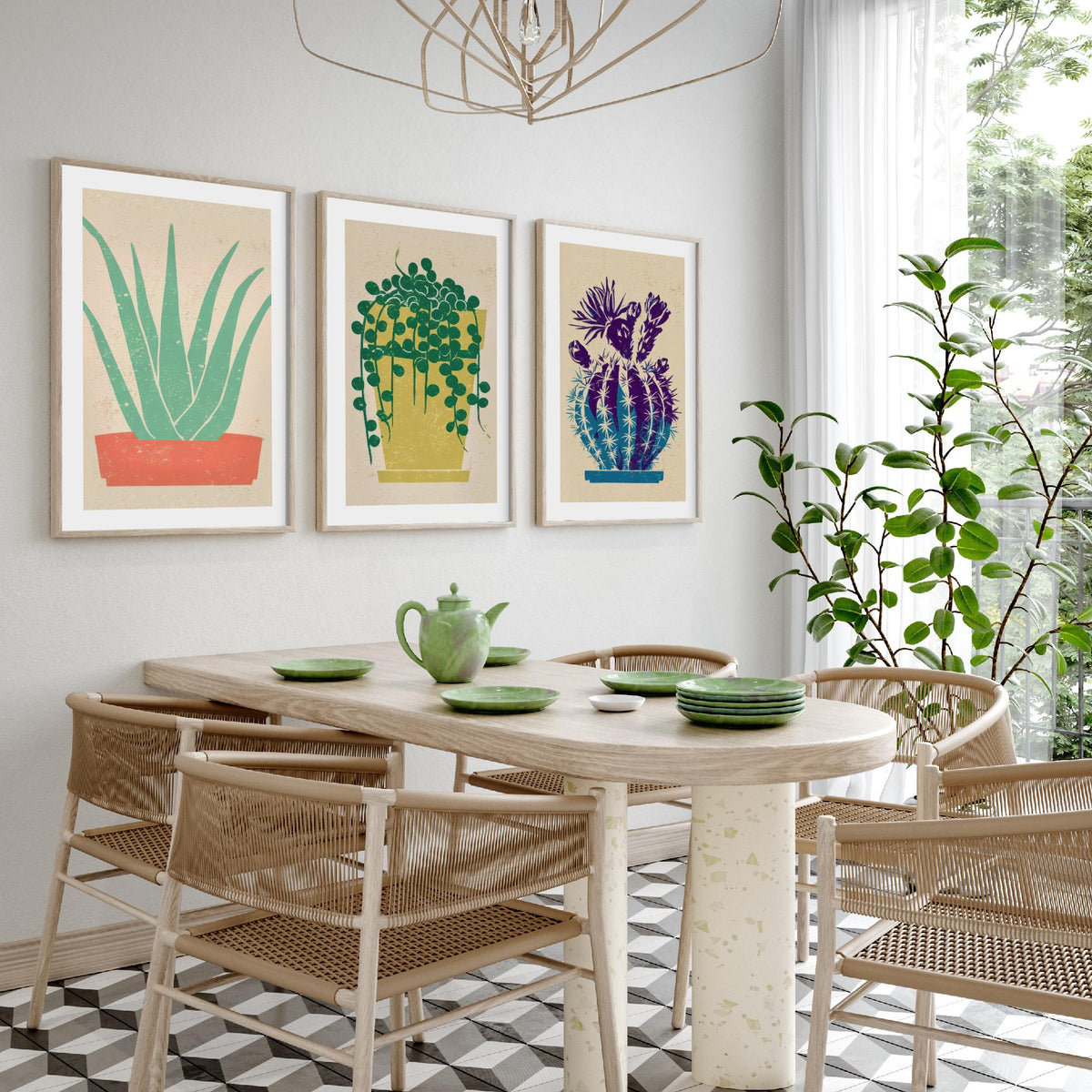 Aloe Vera, String of Pearls and Flowering Cactus Poster - Bright Potted Succulents Set of Three Art Prints - Linocut Look Woodcut V2