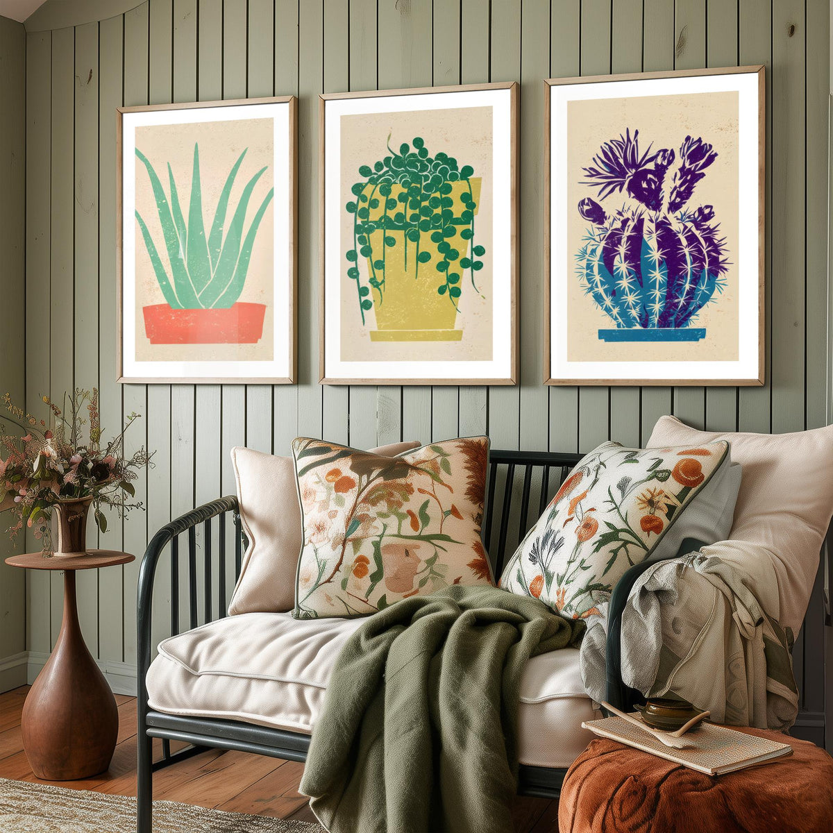 Aloe Vera, String of Pearls and Flowering Cactus Poster - Bright Potted Succulents Set of Three Art Prints - Linocut Look Woodcut V2