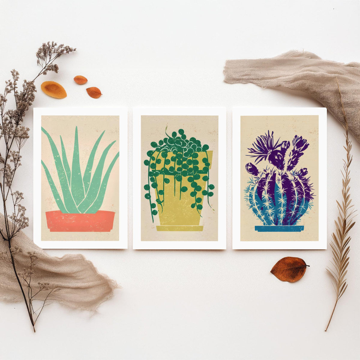 Aloe Vera, String of Pearls and Flowering Cactus Poster - Bright Potted Succulents Set of Three Art Prints - Linocut Look Woodcut V2