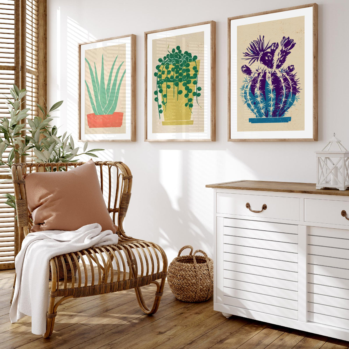 Aloe Vera, String of Pearls and Flowering Cactus Poster - Bright Potted Succulents Set of Three Art Prints - Linocut Look Woodcut V2