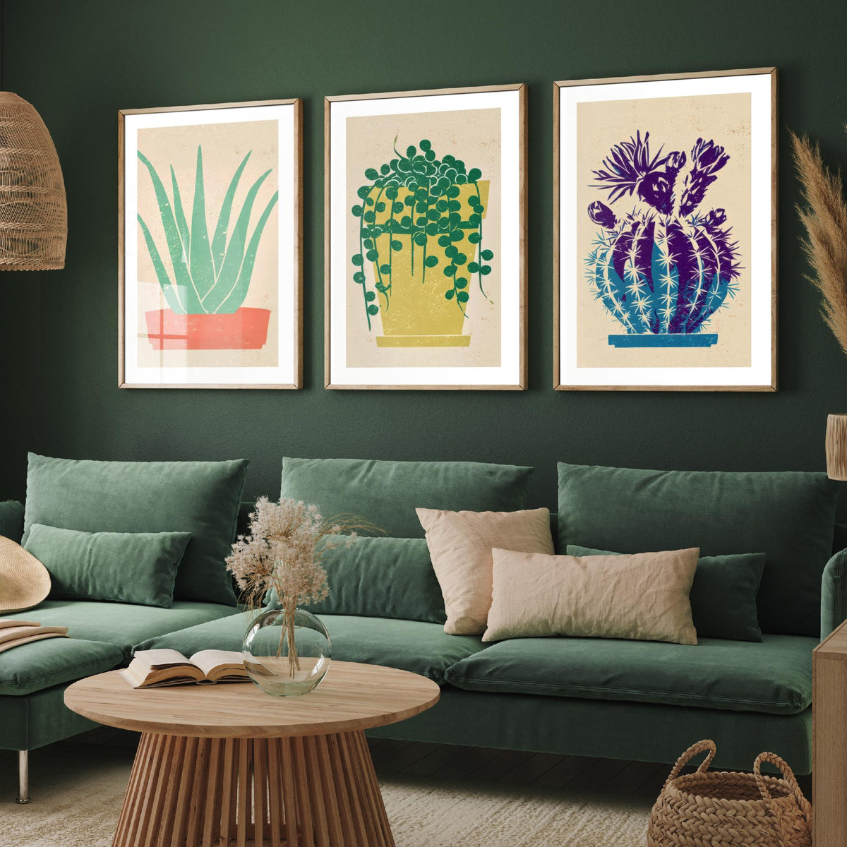 Aloe Vera, String of Pearls and Flowering Cactus Poster - Bright Potted Succulents Set of Three Art Prints - Linocut Look Woodcut V2