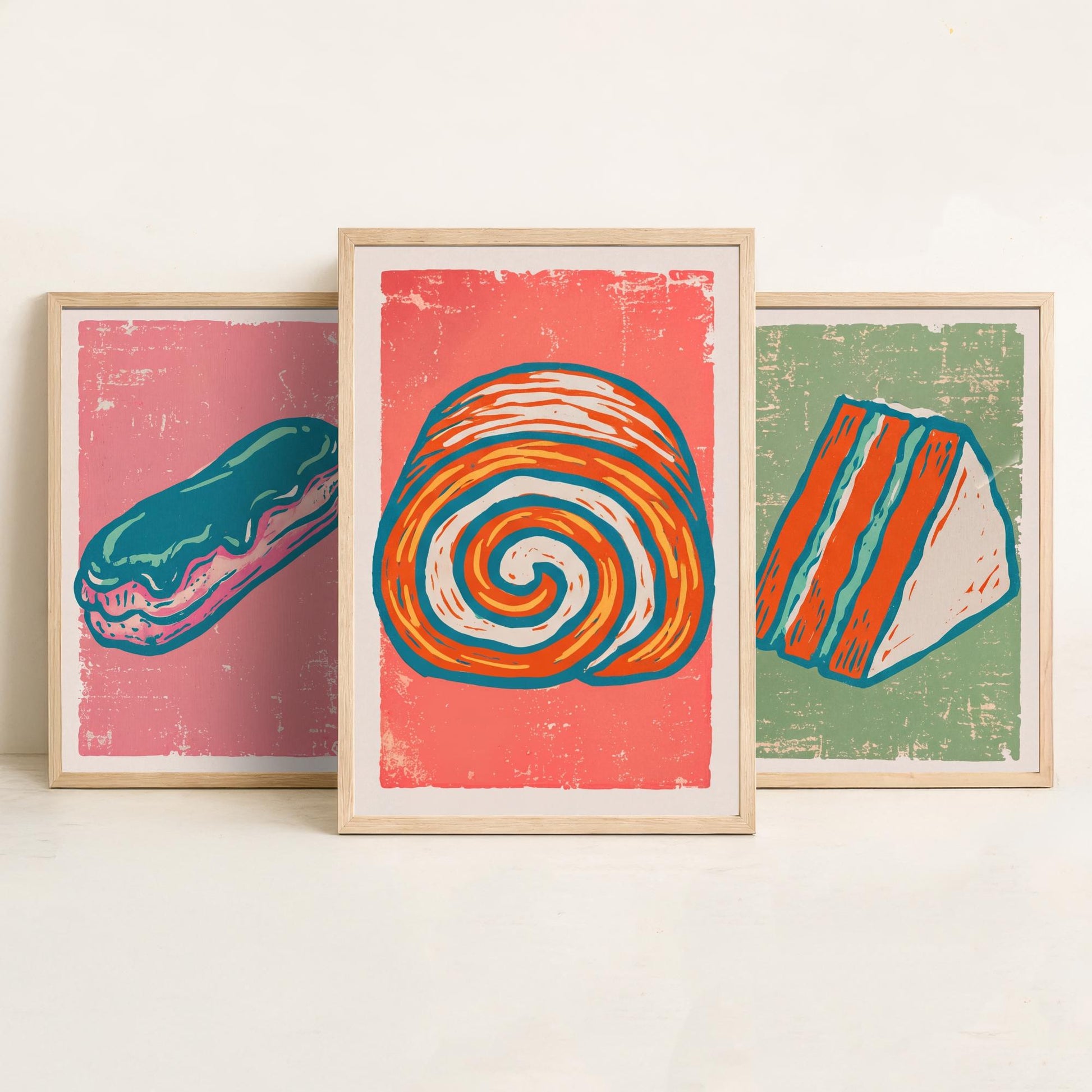 Set of Three Cakes and Patisserie Art Prints - Eclair, Cake Slice & Swiss Roll - Linocut Style Illustrations - Bakery Posters V2