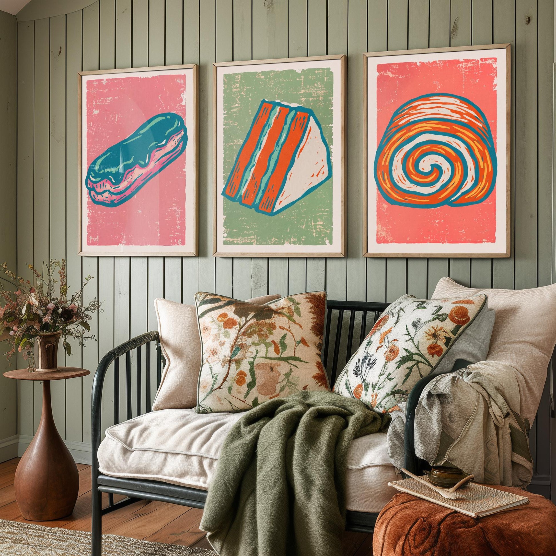 Set of Three Cakes and Patisserie Art Prints - Eclair, Cake Slice & Swiss Roll - Linocut Style Illustrations - Bakery Posters V2