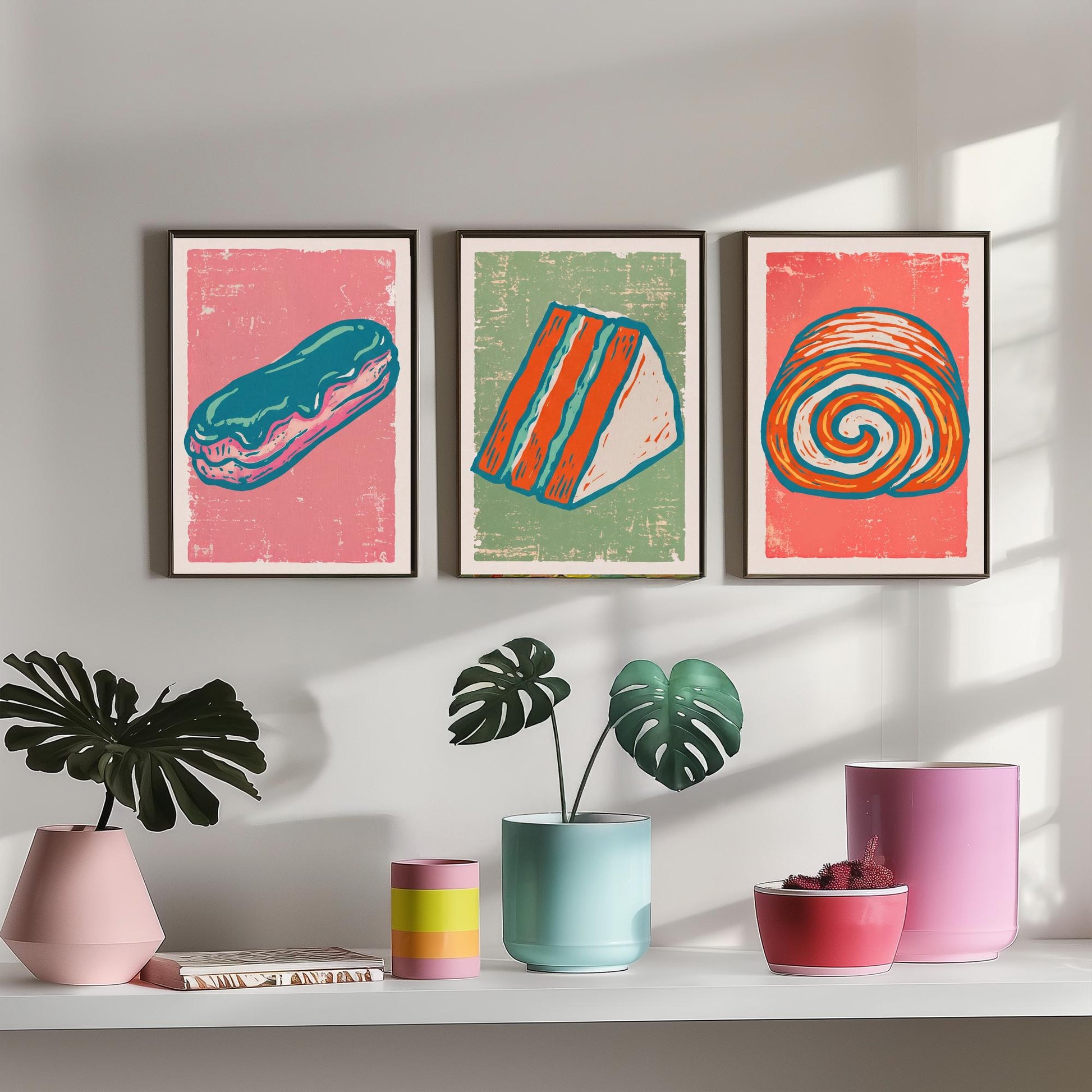 Set of Three Cakes and Patisserie Art Prints - Eclair, Cake Slice & Swiss Roll - Linocut Style Illustrations - Bakery Posters V2