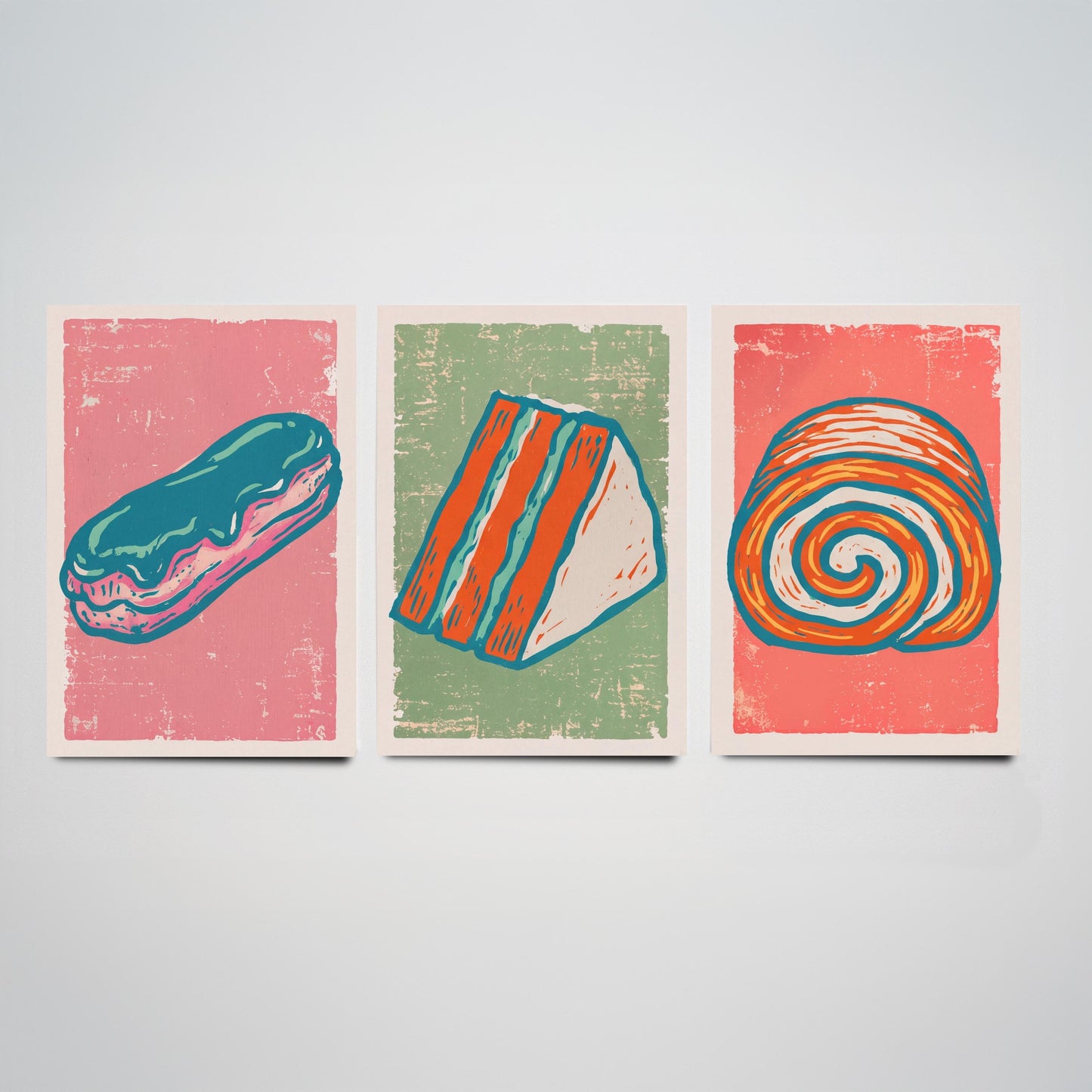 Set of Three Cakes and Patisserie Art Prints - Eclair, Cake Slice & Swiss Roll - Linocut Style Illustrations - Bakery Posters V2