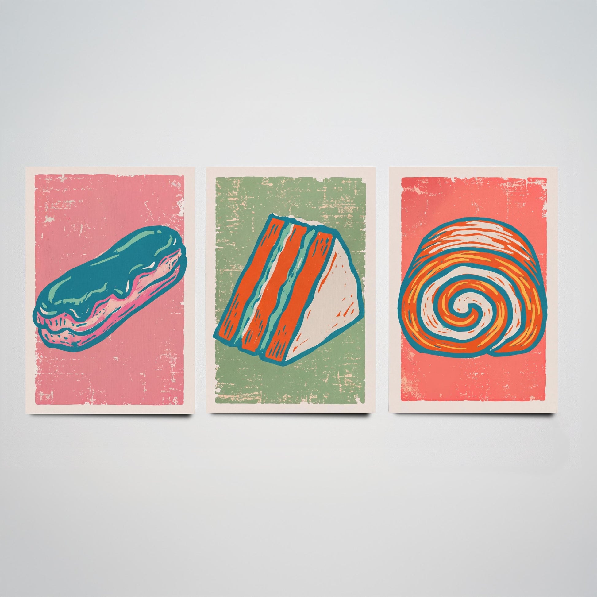 Set of Three Cakes and Patisserie Art Prints - Eclair, Cake Slice & Swiss Roll - Linocut Style Illustrations - Bakery Posters V2