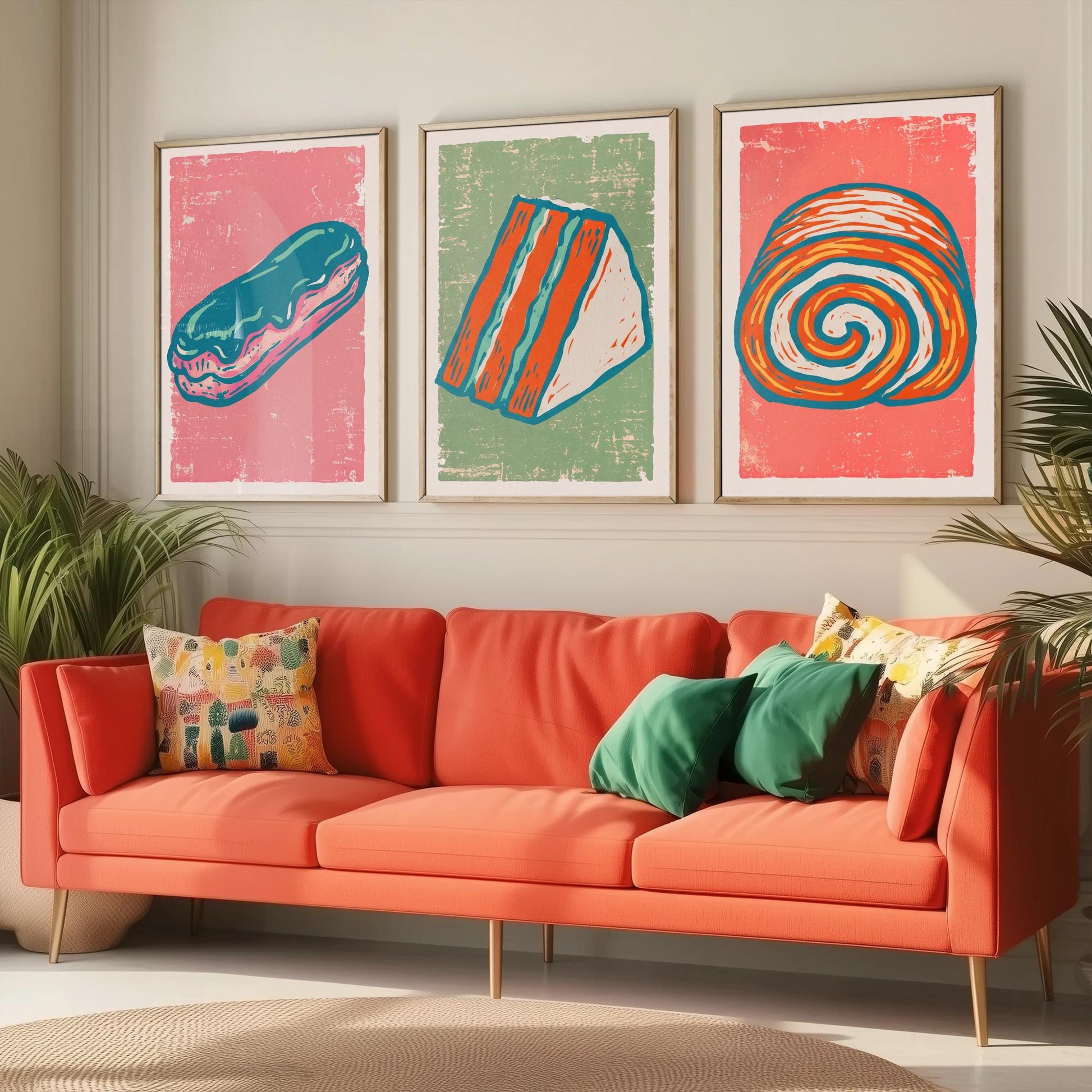 Set of Three Cakes and Patisserie Art Prints - Eclair, Cake Slice & Swiss Roll - Linocut Style Illustrations - Bakery Posters V2