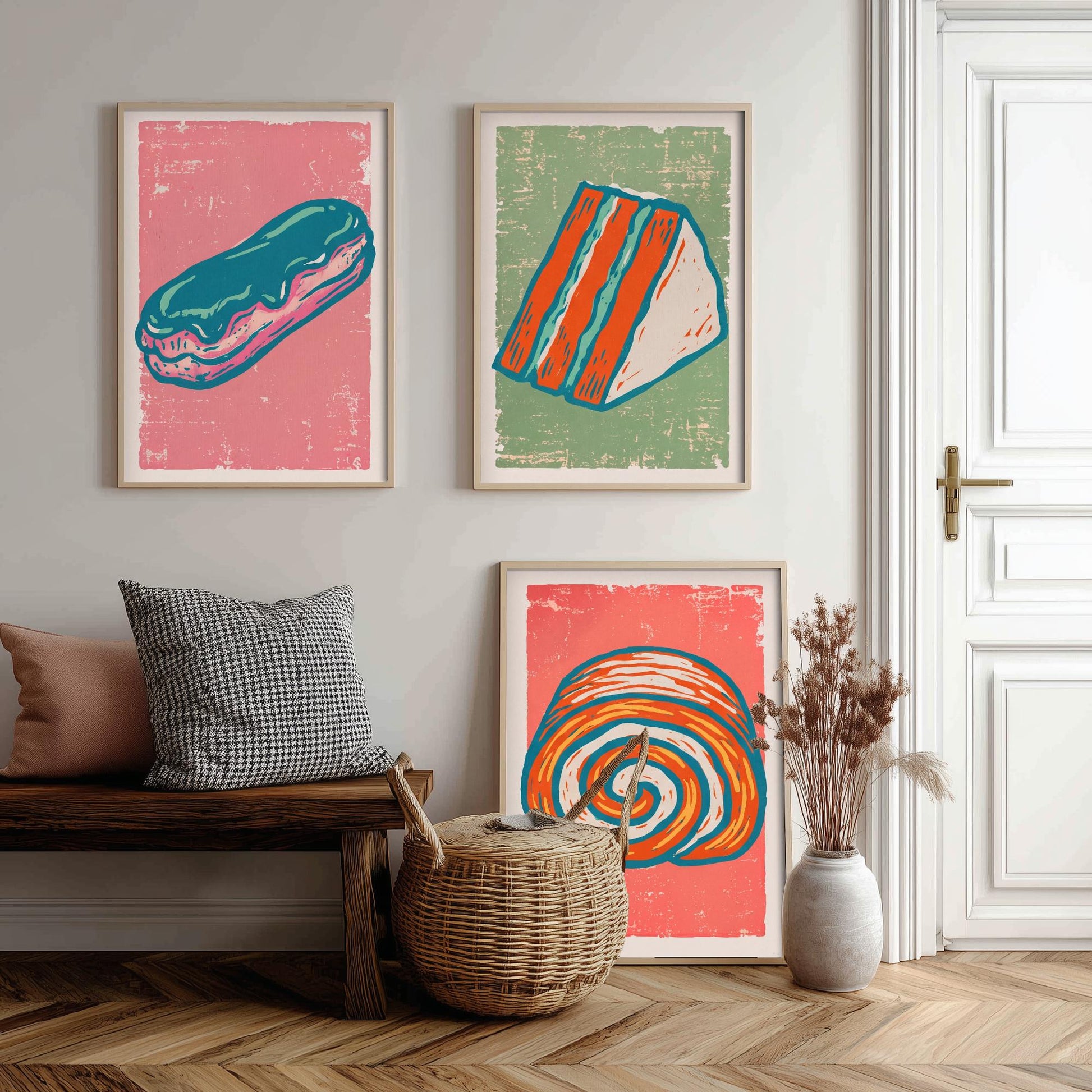 Set of Three Cakes and Patisserie Art Prints - Eclair, Cake Slice & Swiss Roll - Linocut Style Illustrations - Bakery Posters V2