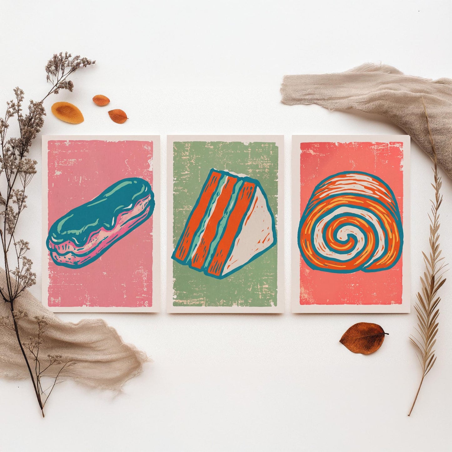 Set of Three Cakes and Patisserie Art Prints - Eclair, Cake Slice & Swiss Roll - Linocut Style Illustrations - Bakery Posters V2