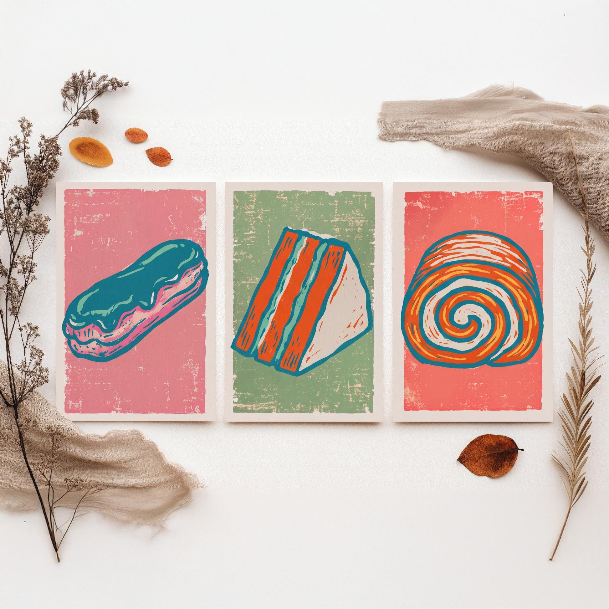 Set of Three Cakes and Patisserie Art Prints - Eclair, Cake Slice & Swiss Roll - Linocut Style Illustrations - Bakery Posters V2