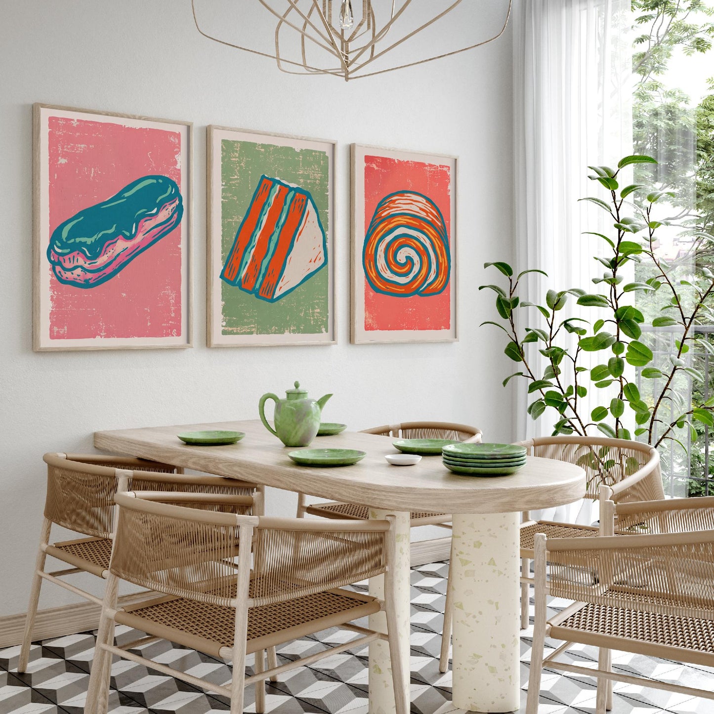 Set of Three Cakes and Patisserie Art Prints - Eclair, Cake Slice & Swiss Roll - Linocut Style Illustrations - Bakery Posters V2