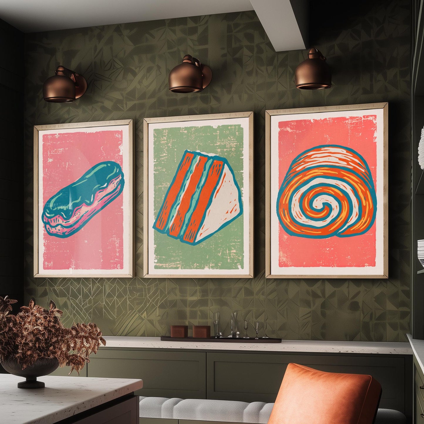 Set of Three Cakes and Patisserie Art Prints - Eclair, Cake Slice & Swiss Roll - Linocut Style Illustrations - Bakery Posters V2