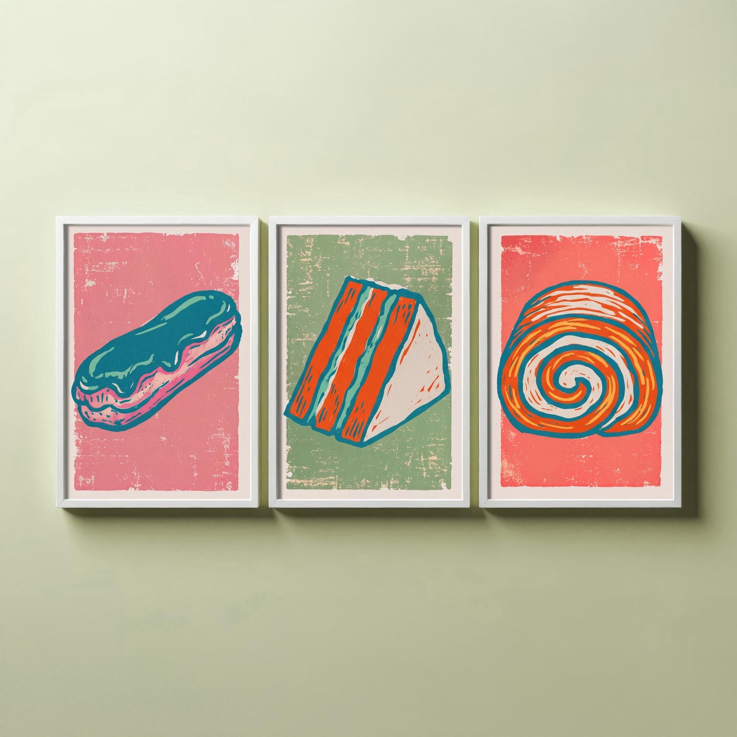 Set of Three Cakes and Patisserie Art Prints - Eclair, Cake Slice & Swiss Roll - Linocut Style Illustrations - Bakery Posters V2