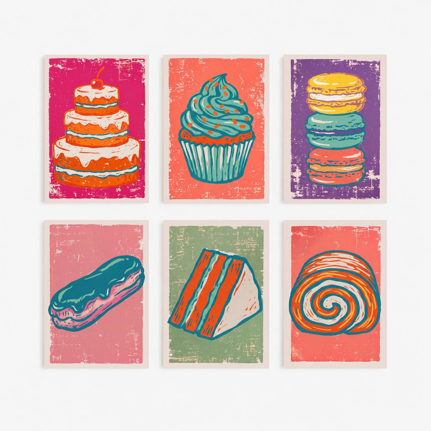 Set of Six Cakes and Patisserie Linocut Art Prints - 6 Bakery Illustrations - Layer Cake, Cupcake, Macarons, Eclair, Swiss Roll Posters