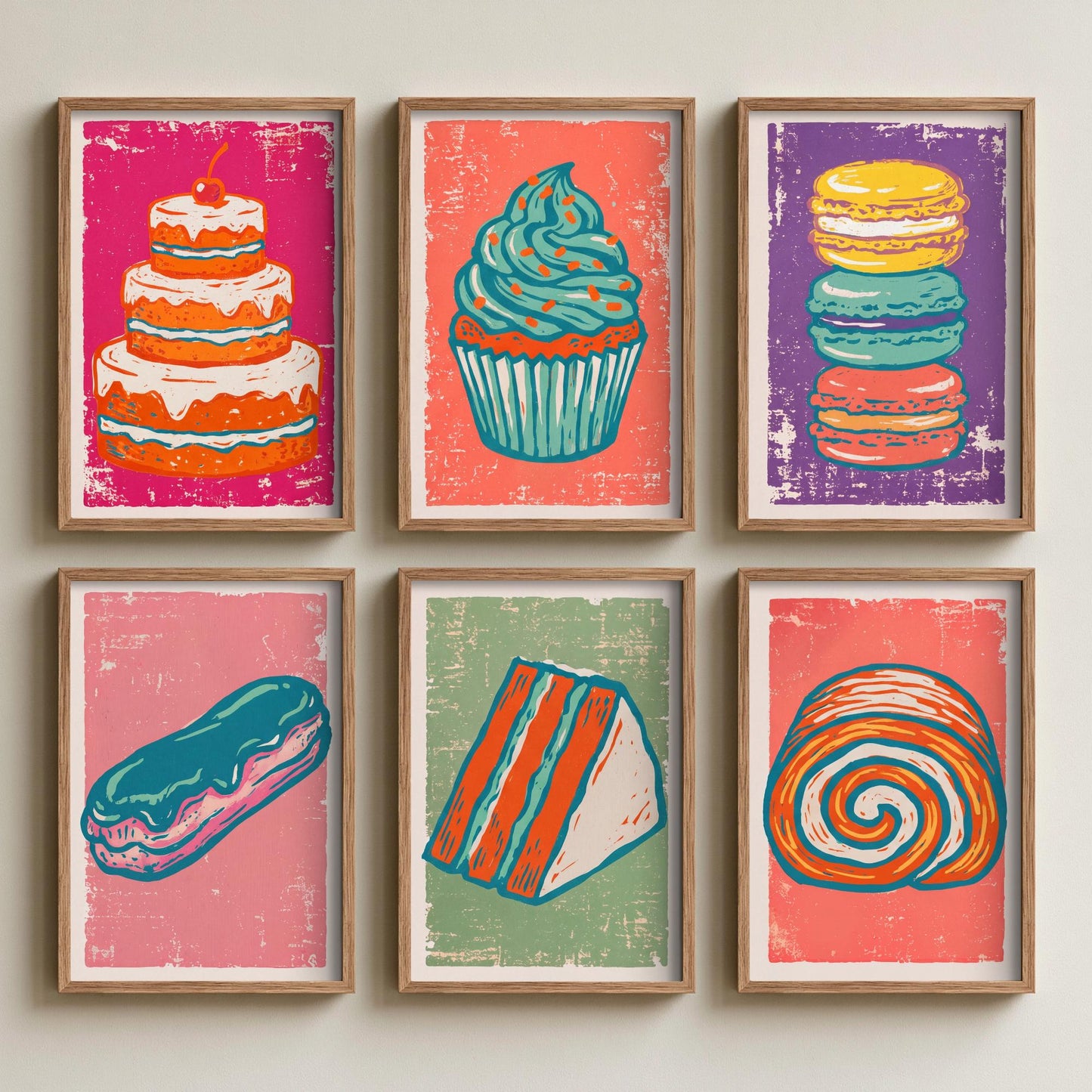 Set of Six Cakes and Patisserie Linocut Art Prints - 6 Bakery Illustrations - Layer Cake, Cupcake, Macarons, Eclair, Swiss Roll Posters