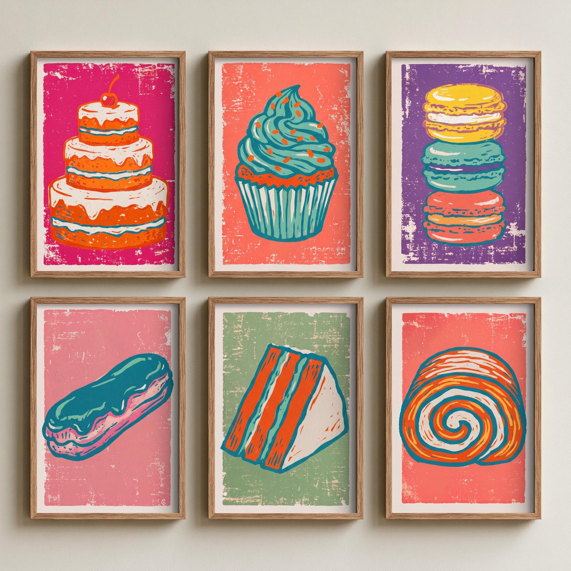 Set of Six Cakes and Patisserie Linocut Art Prints - 6 Bakery Illustrations - Layer Cake, Cupcake, Macarons, Eclair, Swiss Roll Posters