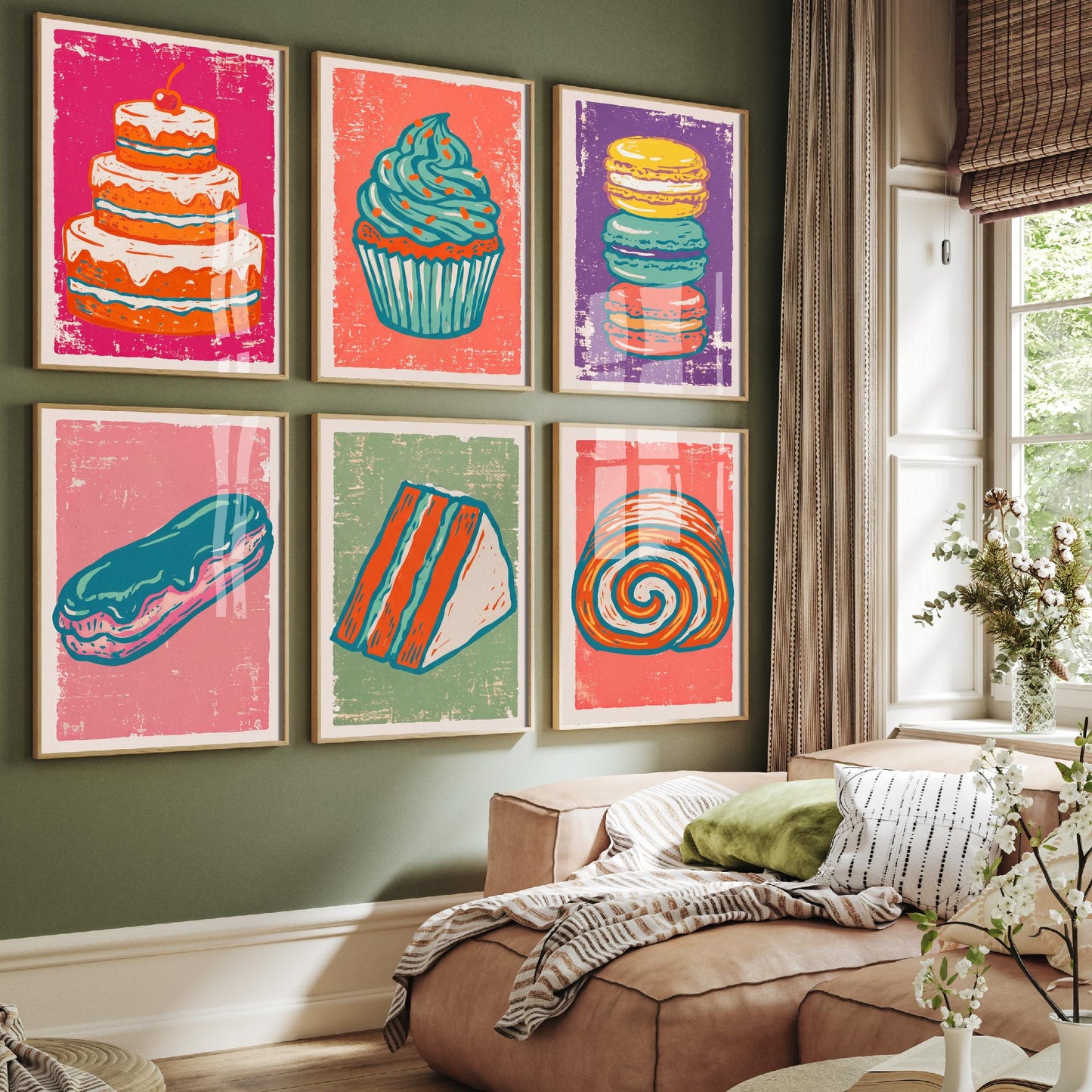 Set of Six Cakes and Patisserie Linocut Art Prints - 6 Bakery Illustrations - Layer Cake, Cupcake, Macarons, Eclair, Swiss Roll Posters