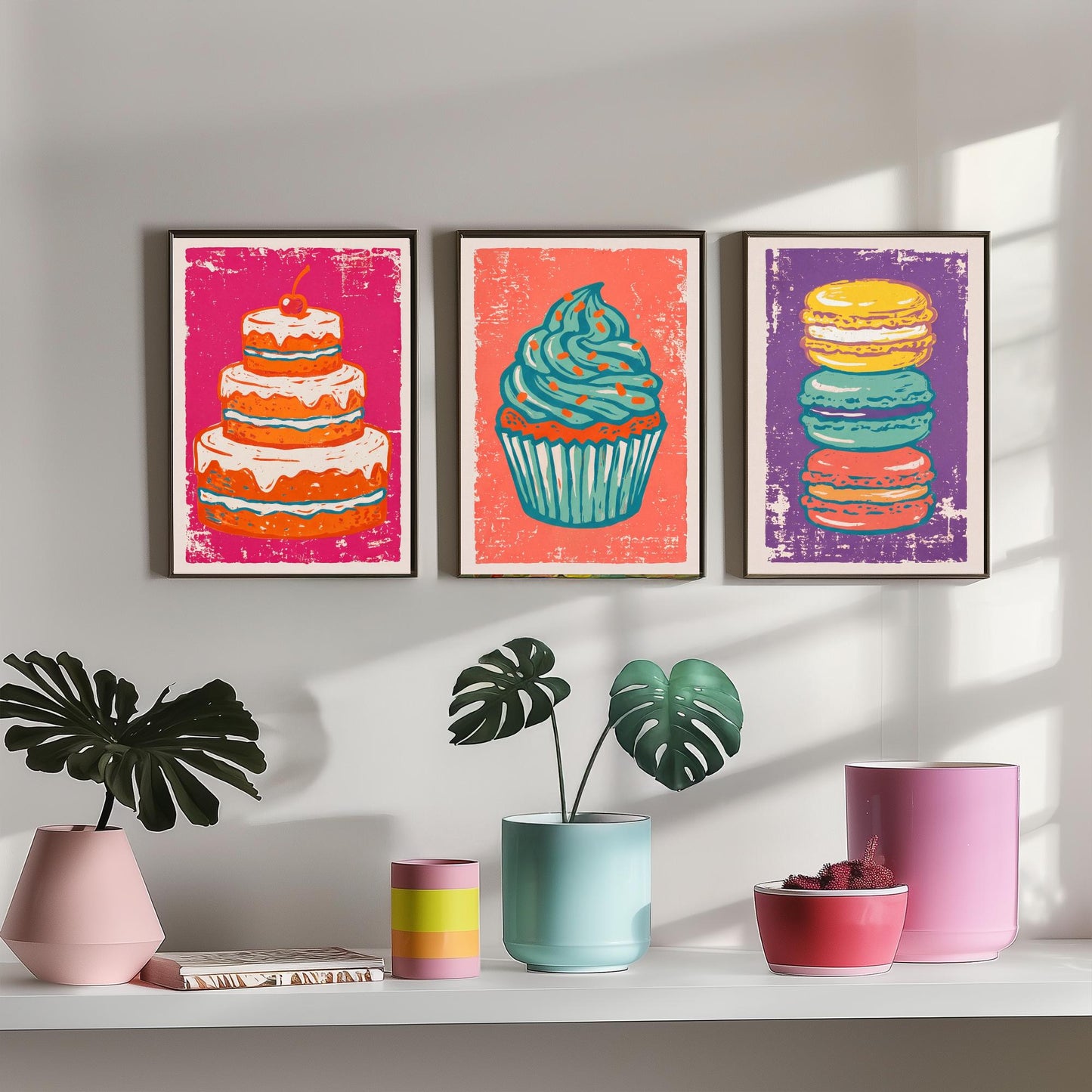 Set of Three Cakes and Patisserie Art Prints - Layer Cake, Cupcake & Macarons - Linocut Style Illustrations - Kitchen Posters V1