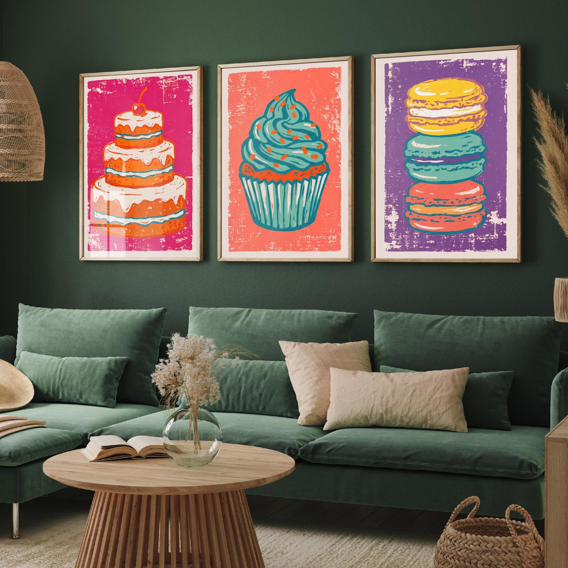 Set of Three Cakes and Patisserie Art Prints - Layer Cake, Cupcake & Macarons - Linocut Style Illustrations - Kitchen Posters V1
