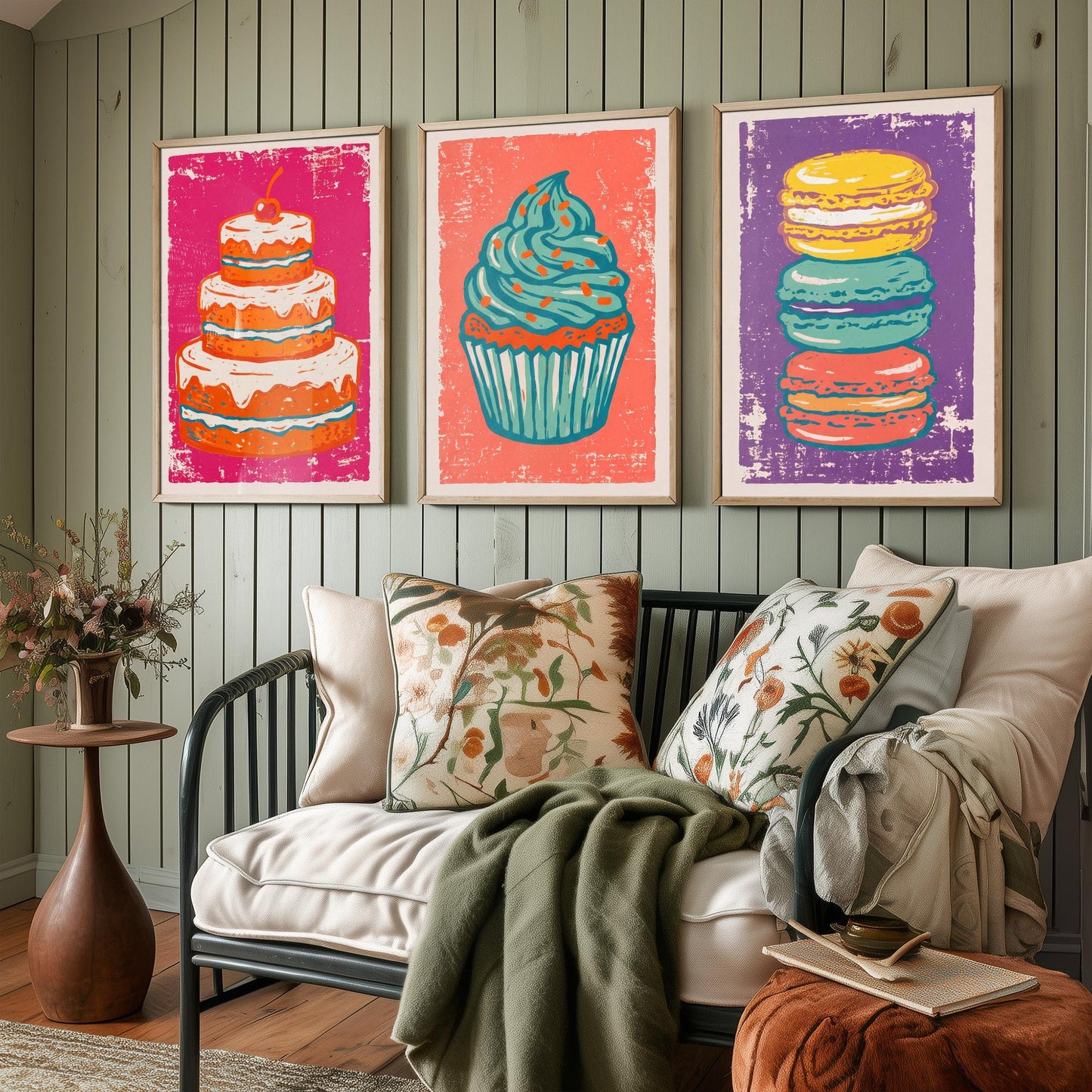 Set of Three Cakes and Patisserie Art Prints - Layer Cake, Cupcake & Macarons - Linocut Style Illustrations - Kitchen Posters V1