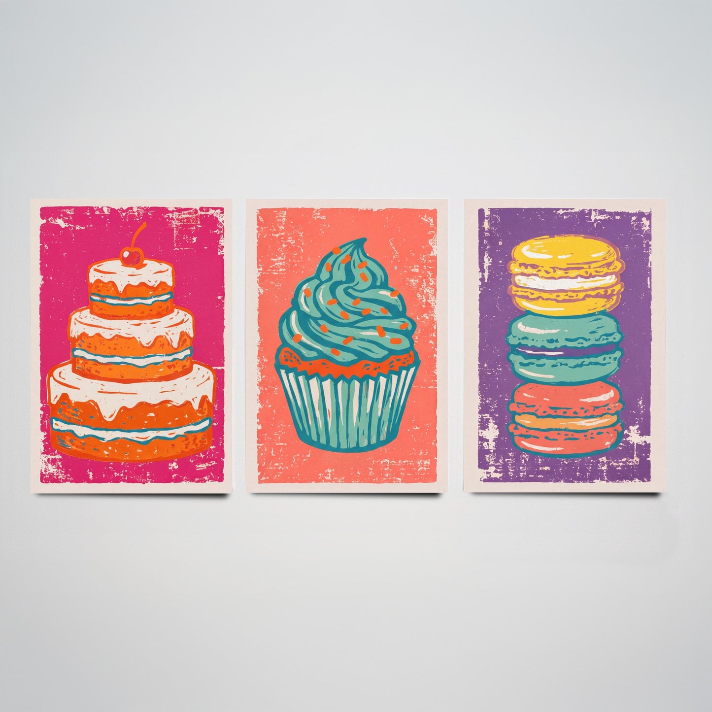 Set of Three Cakes and Patisserie Art Prints - Layer Cake, Cupcake & Macarons - Linocut Style Illustrations - Kitchen Posters V1