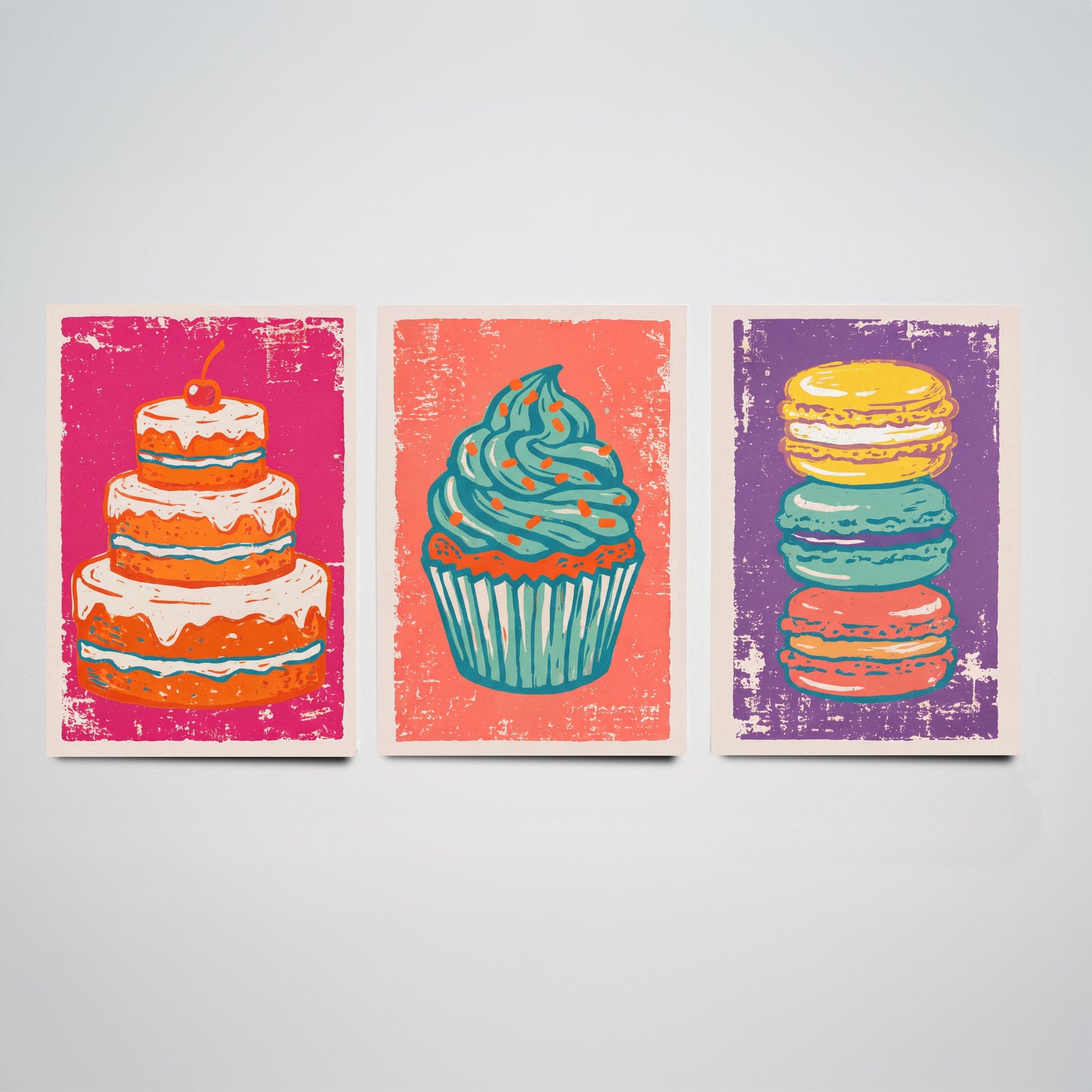 Set of Three Cakes and Patisserie Art Prints - Layer Cake, Cupcake & Macarons - Linocut Style Illustrations - Kitchen Posters V1
