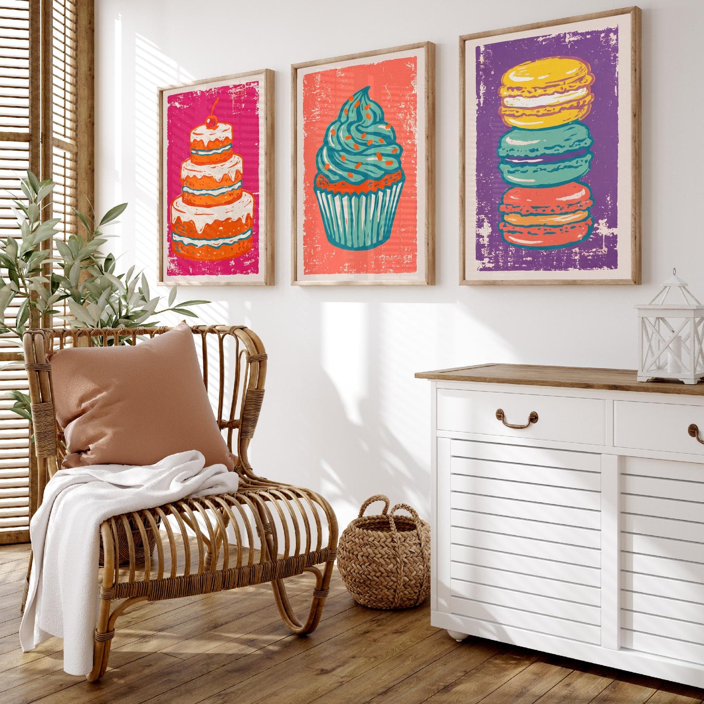 Set of Three Cakes and Patisserie Art Prints - Layer Cake, Cupcake & Macarons - Linocut Style Illustrations - Kitchen Posters V1